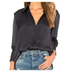 Theory Slit Collar Pullover Blouse Crushed Satin Deep Navy P 0 00 NWT